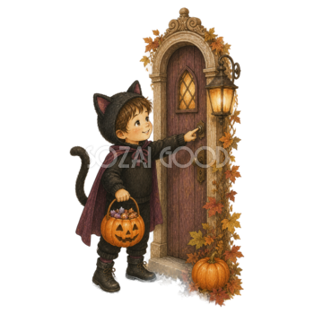 呼び鈴を押す黒猫姿の男の子のハロウィンイラスト95425