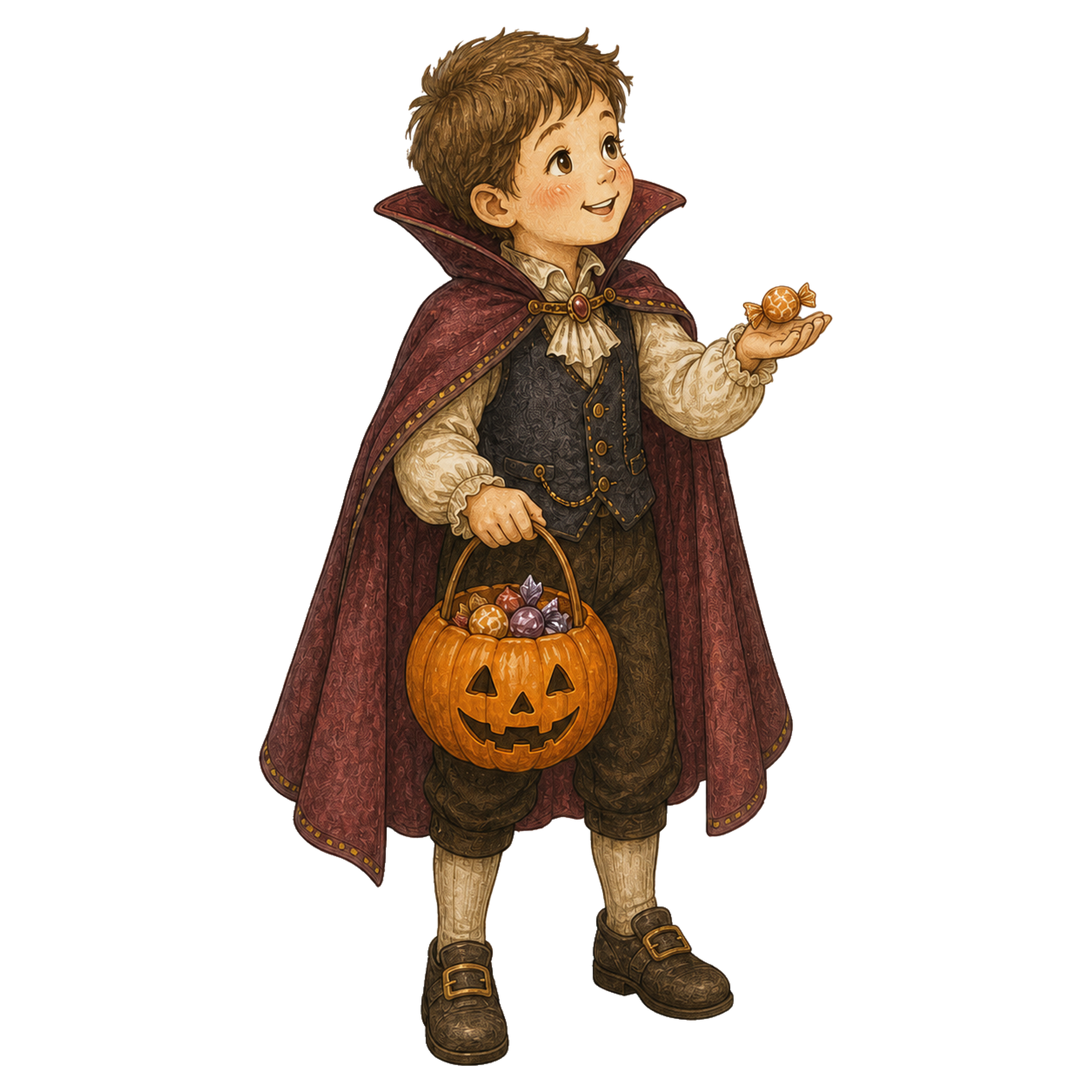 お菓子を受け取る吸血鬼姿の男の子のハロウィンイラスト95426に写真・文字を入れる