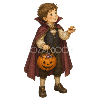 お菓子を受け取る吸血鬼姿の男の子のハロウィンイラスト95426
