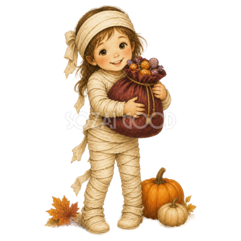 お菓子袋を抱えるミイラ姿の女の子のハロウィンイラスト95427