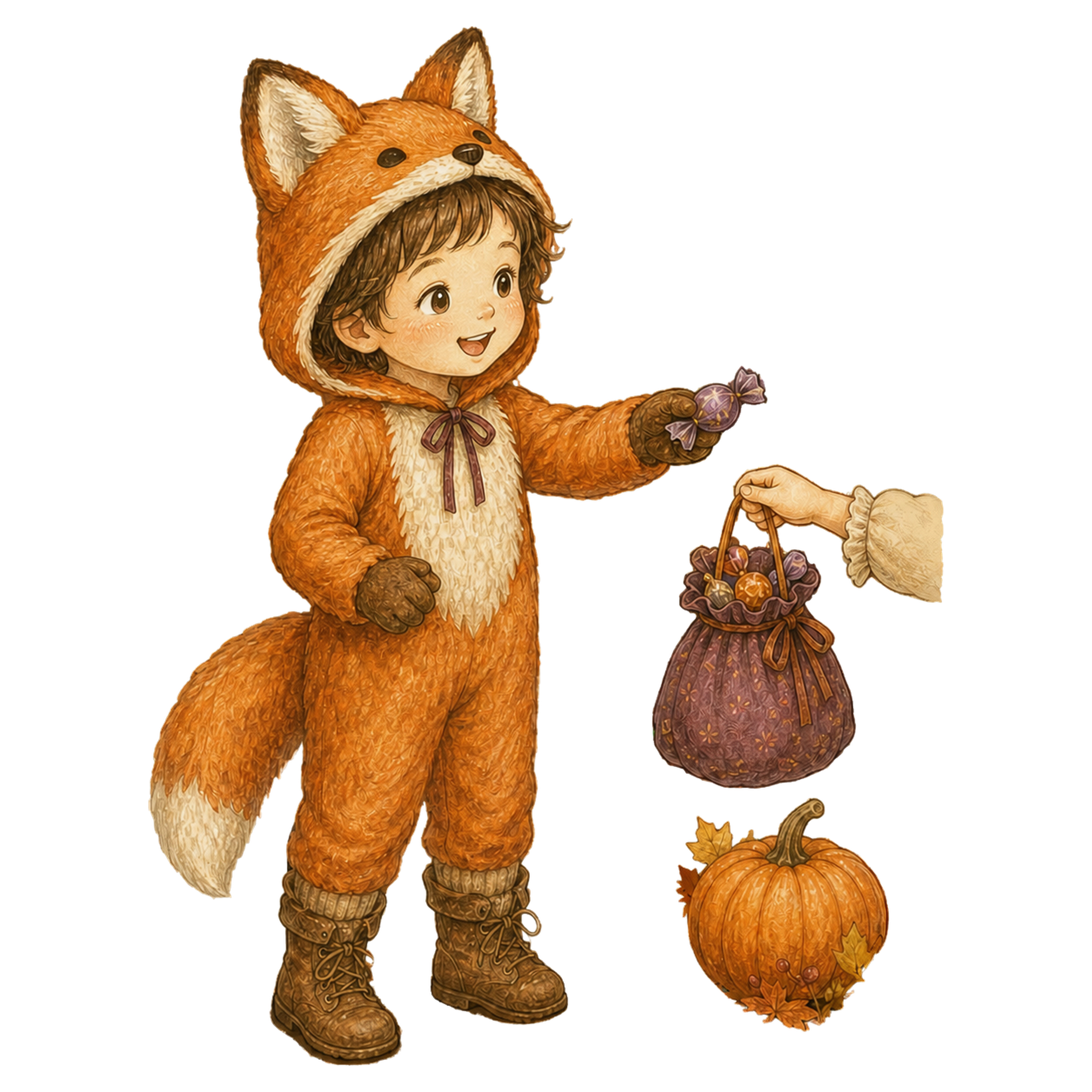 お菓子を分けるきつね姿の子どものハロウィンイラスト95428に写真・文字を入れる