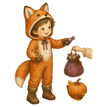 お菓子を分けるきつね姿の子どものハロウィンイラスト95428
