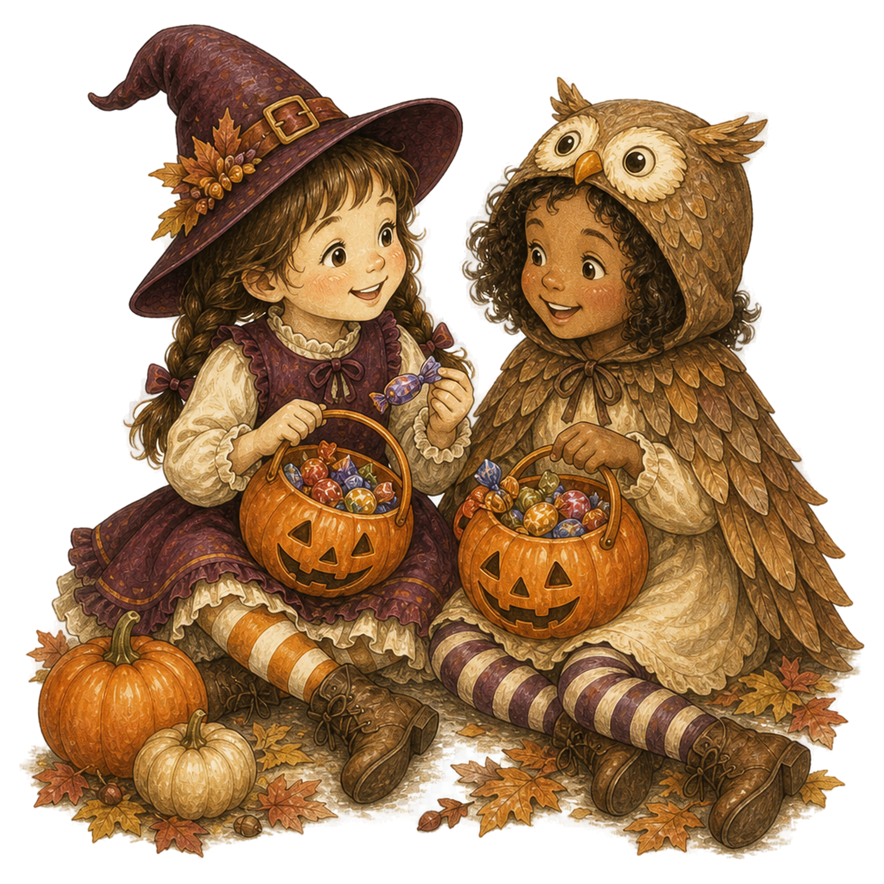 お菓子を見せ合う二人の子どものハロウィンイラスト95429に写真・文字を入れる