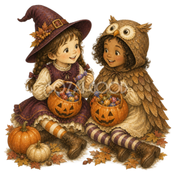 お菓子を見せ合う二人の子どものハロウィンイラスト95429