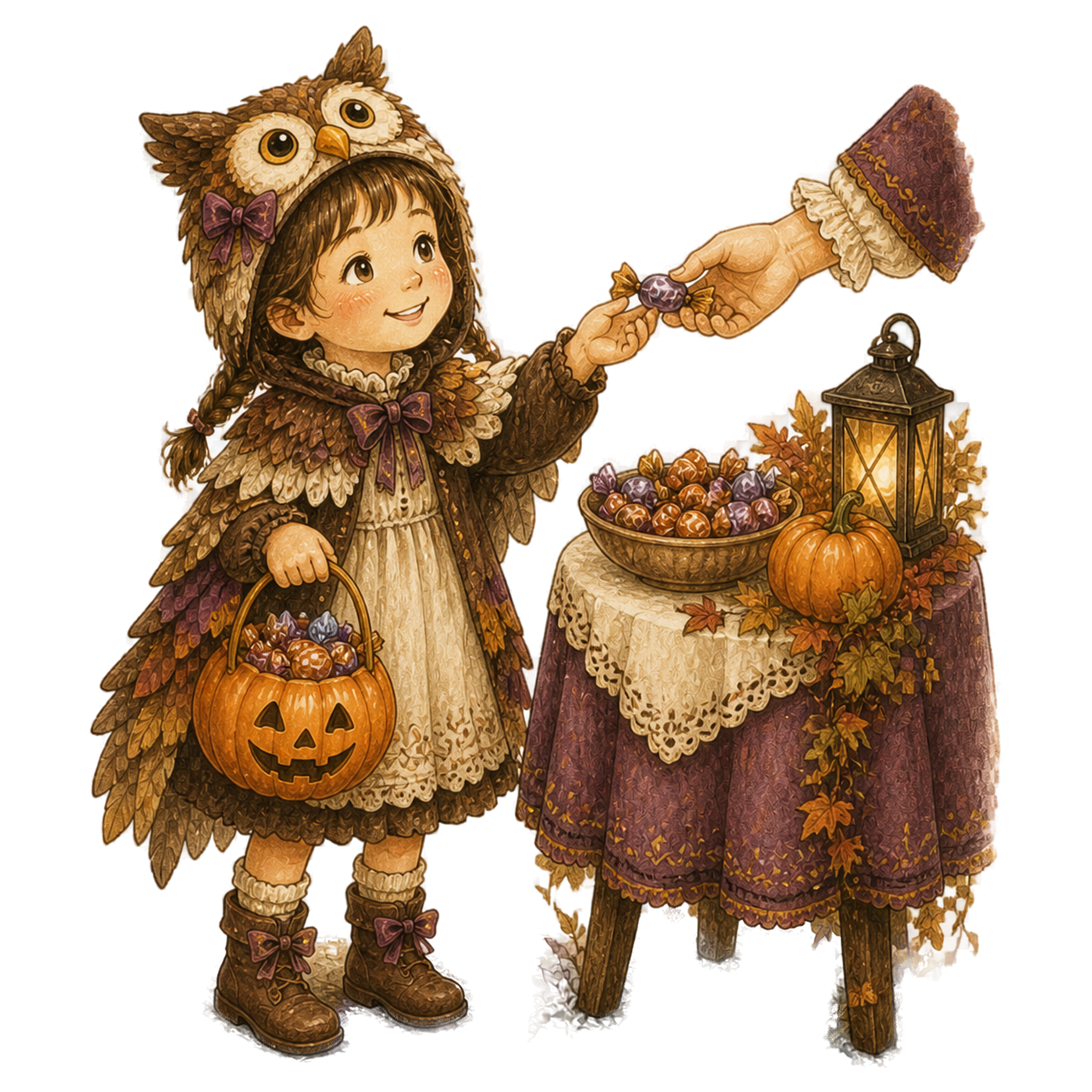 お菓子台でキャンディーをもらう女の子のハロウィンイラスト95431に写真・文字を入れる