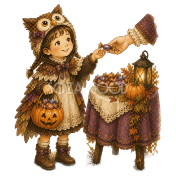 お菓子台でキャンディーをもらう女の子のハロウィンイラスト95431