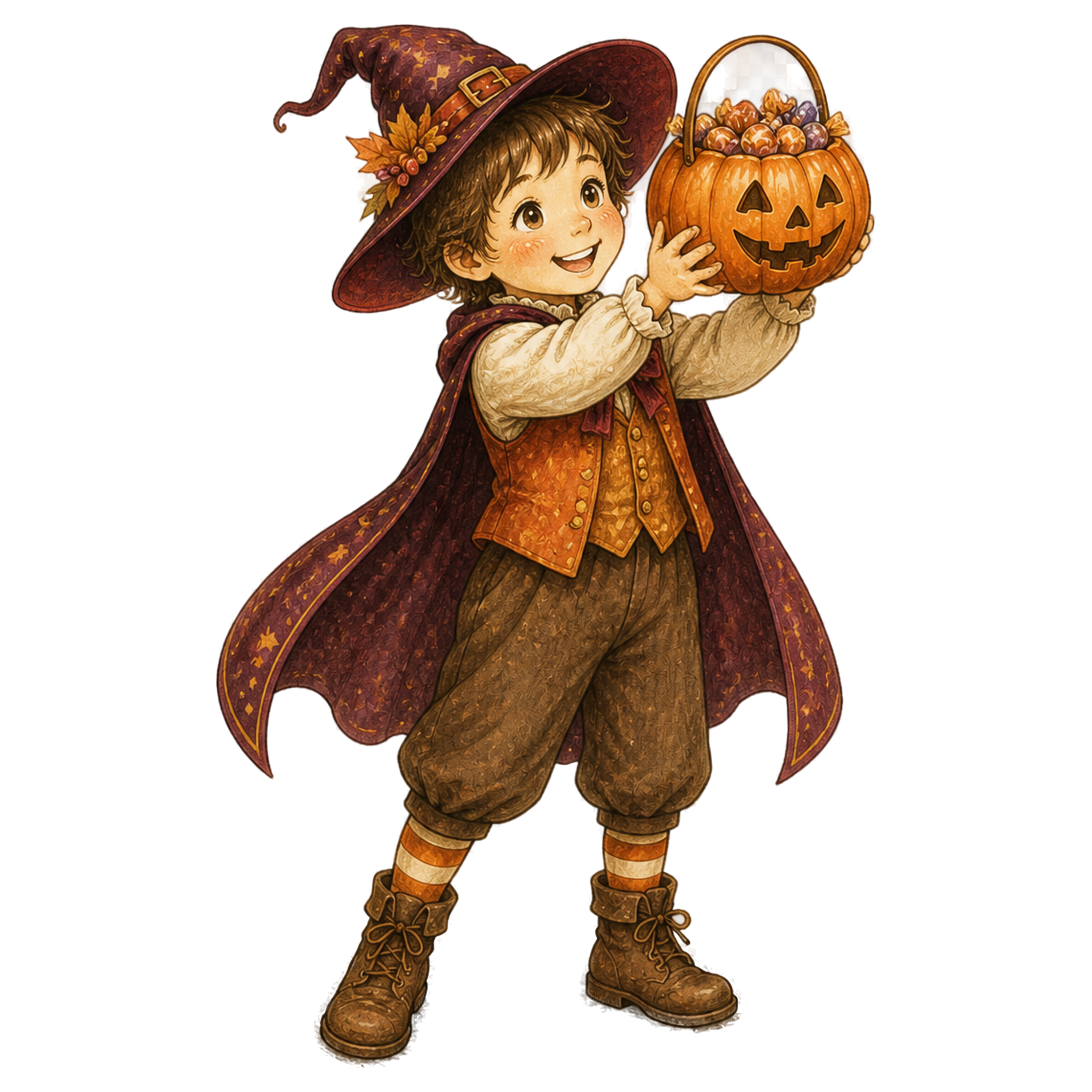 満杯のお菓子バケツを掲げる男の子のハロウィンイラスト95432に写真・文字を入れる