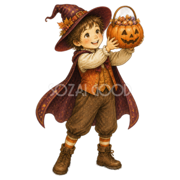満杯のお菓子バケツを掲げる男の子のハロウィンイラスト95432