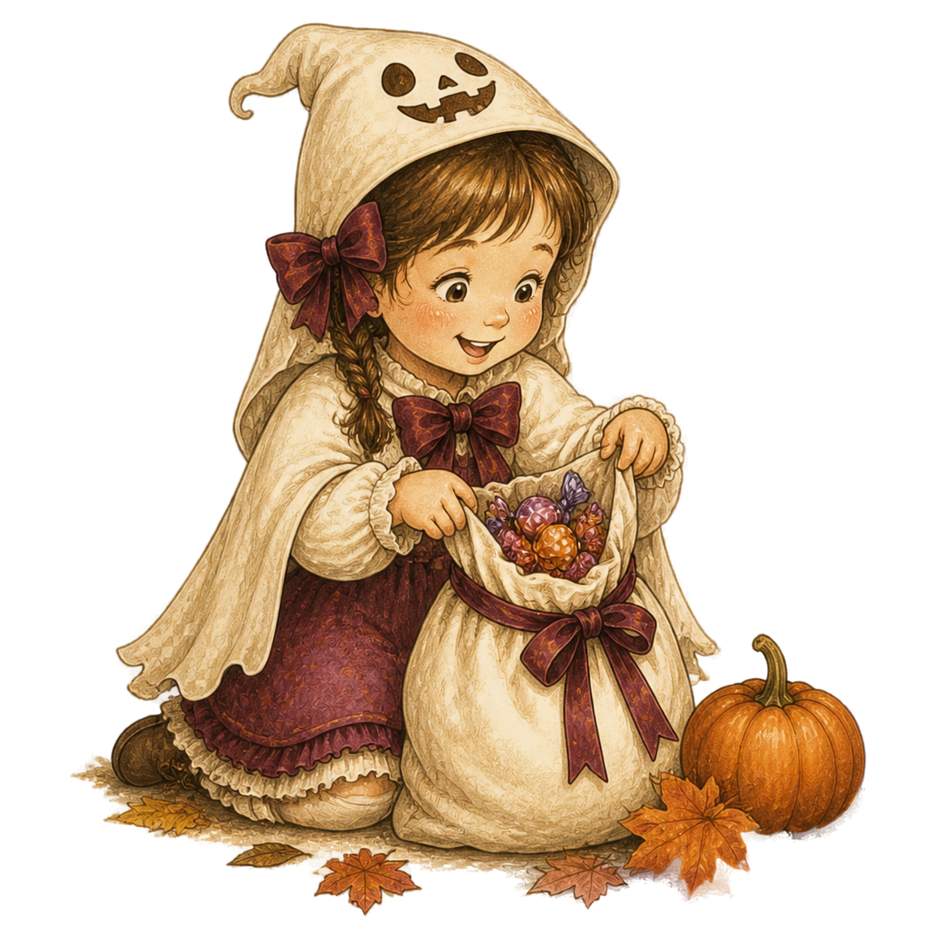 お菓子袋を開けて喜ぶ女の子のハロウィンイラスト95433に写真・文字を入れる