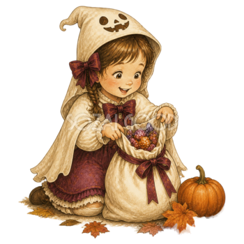 お菓子袋を開けて喜ぶ女の子のハロウィンイラスト95433