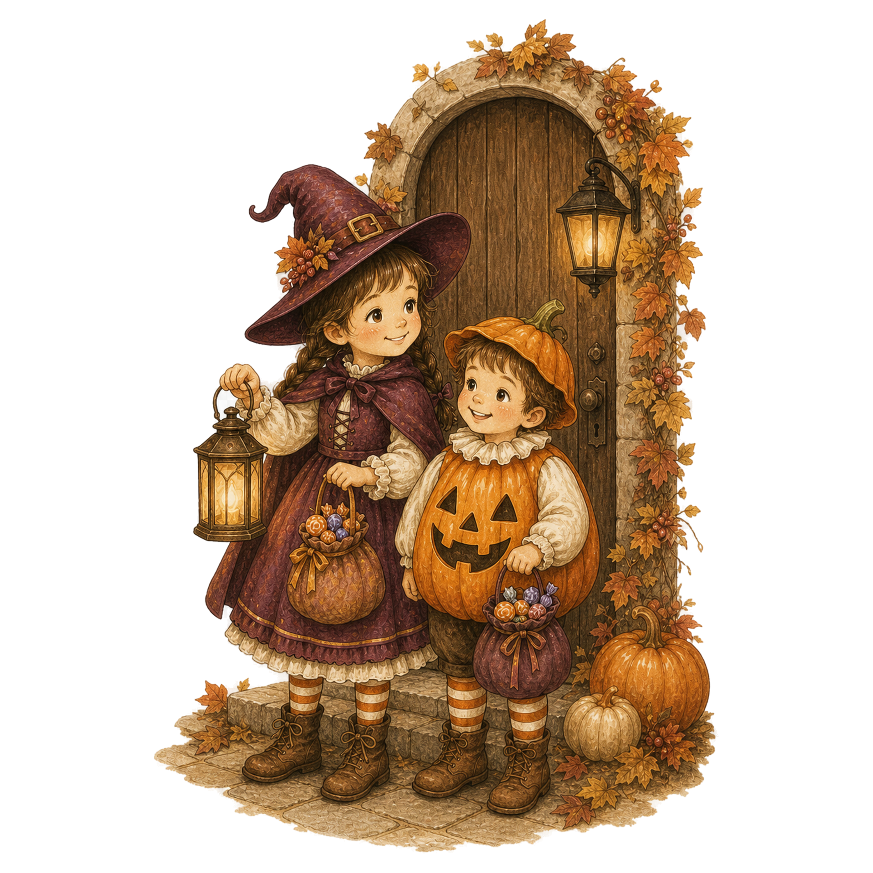玄関前に並ぶ仮装した兄妹のハロウィンイラスト95434に写真・文字を入れる