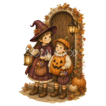 玄関前に並ぶ仮装した兄妹のハロウィンイラスト95434