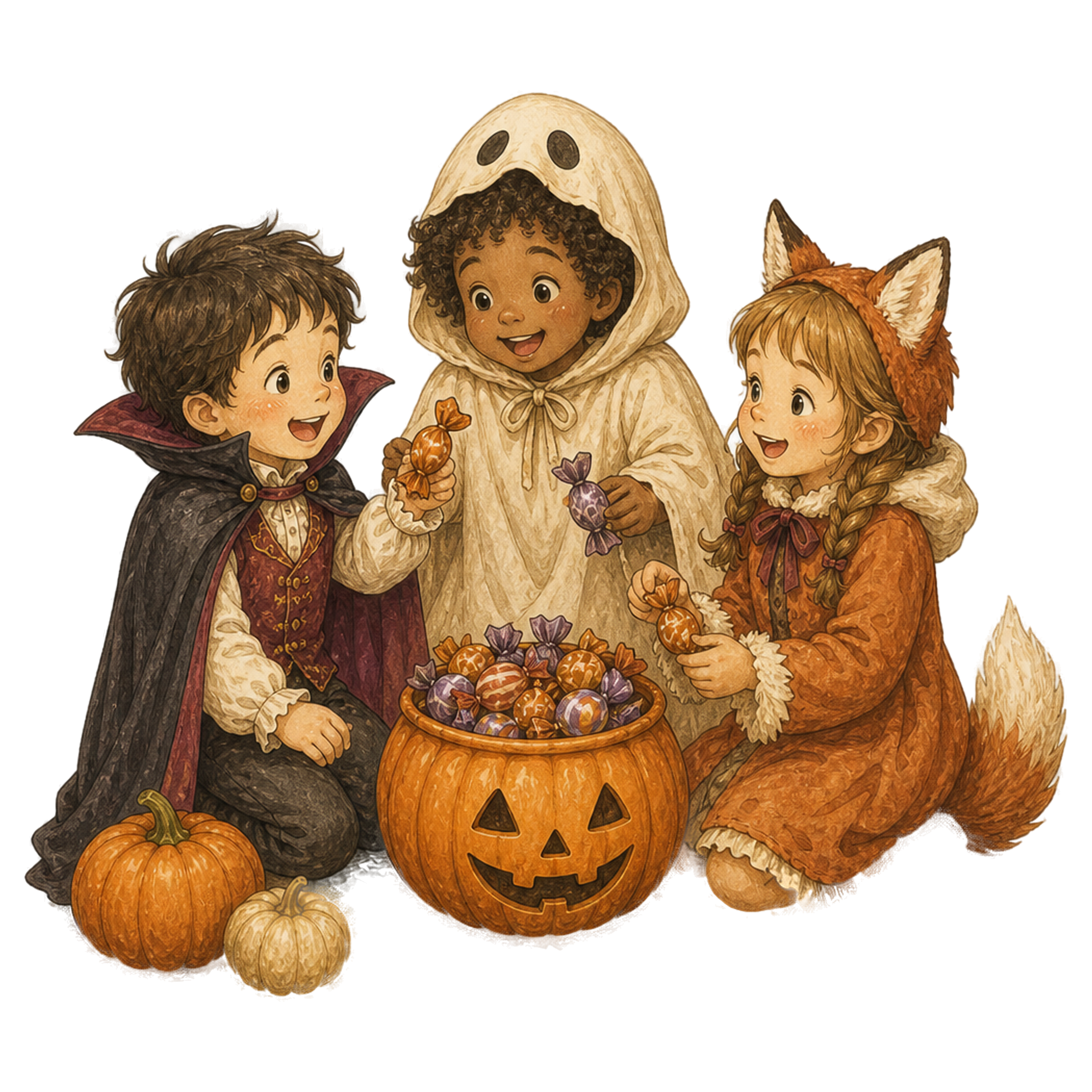 集めたお菓子を囲む三人の子どものハロウィンイラスト95435に写真・文字を入れる