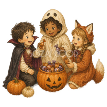 集めたお菓子を囲む三人の子どものハロウィンイラスト95435