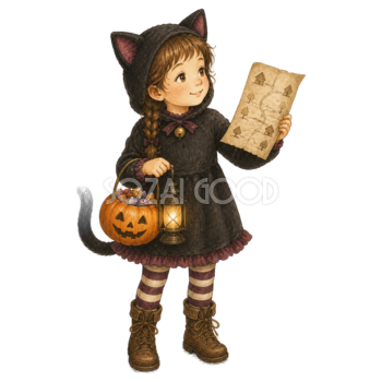 道案内を見ながら歩く子どものハロウィンイラスト95436