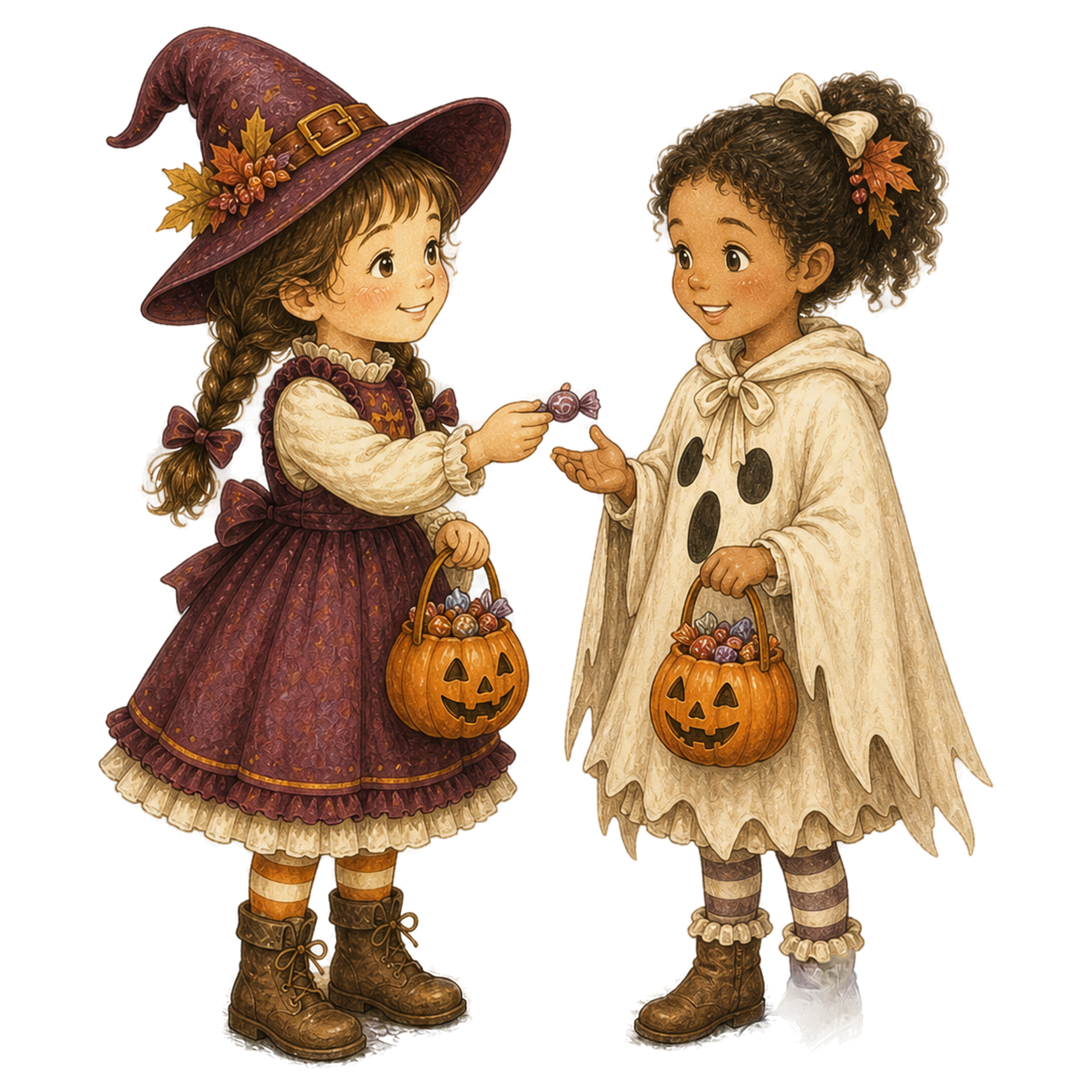 友達にキャンディーを渡す子どものハロウィンイラスト95438に写真・文字を入れる