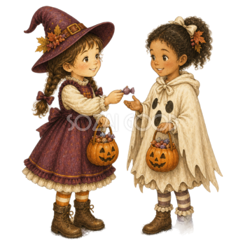 友達にキャンディーを渡す子どものハロウィンイラスト95438