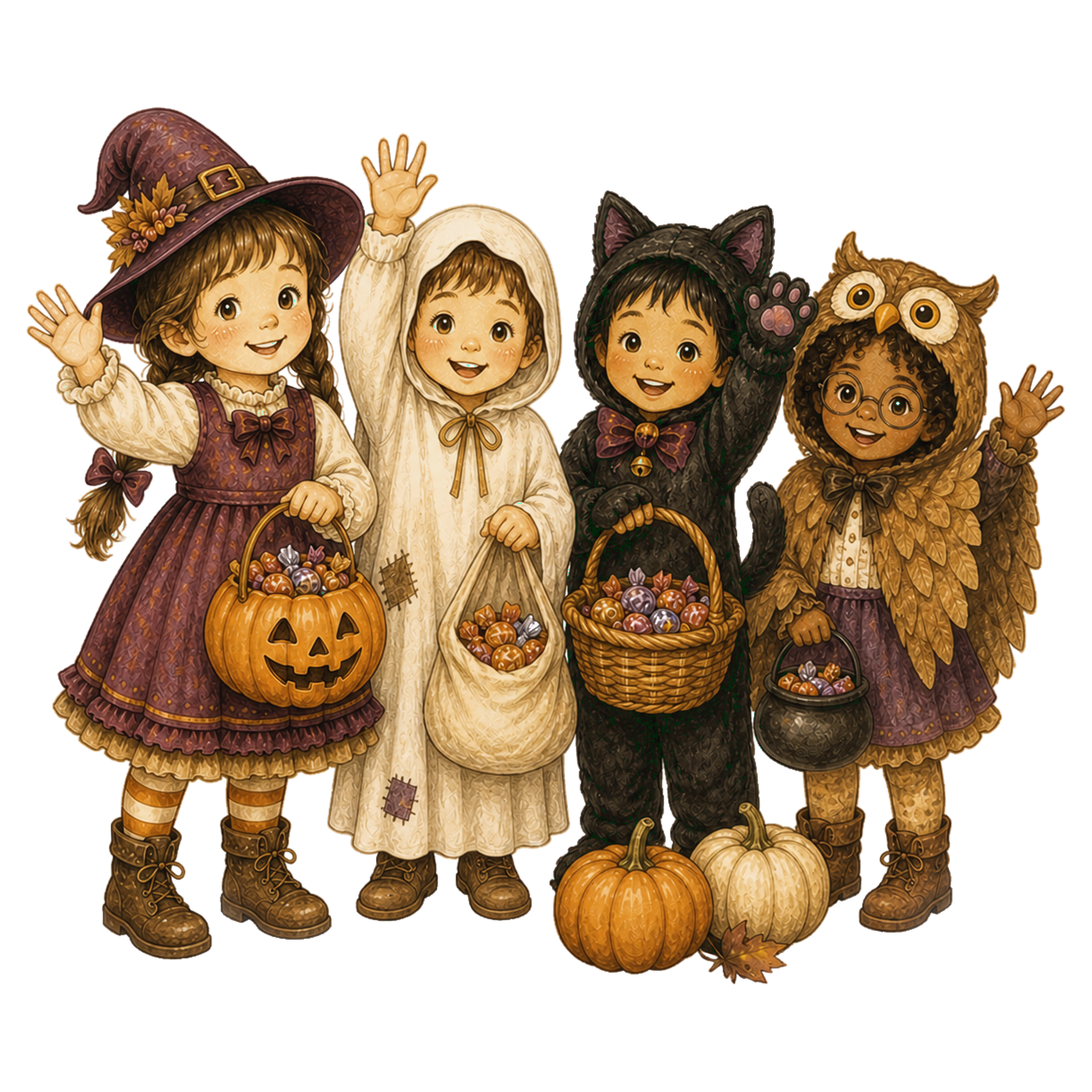 お菓子バケツを持つ四人の子どものハロウィンイラスト95440に写真・文字を入れる