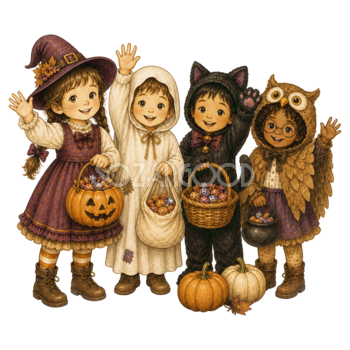 お菓子バケツを持つ四人の子どものハロウィンイラスト95440