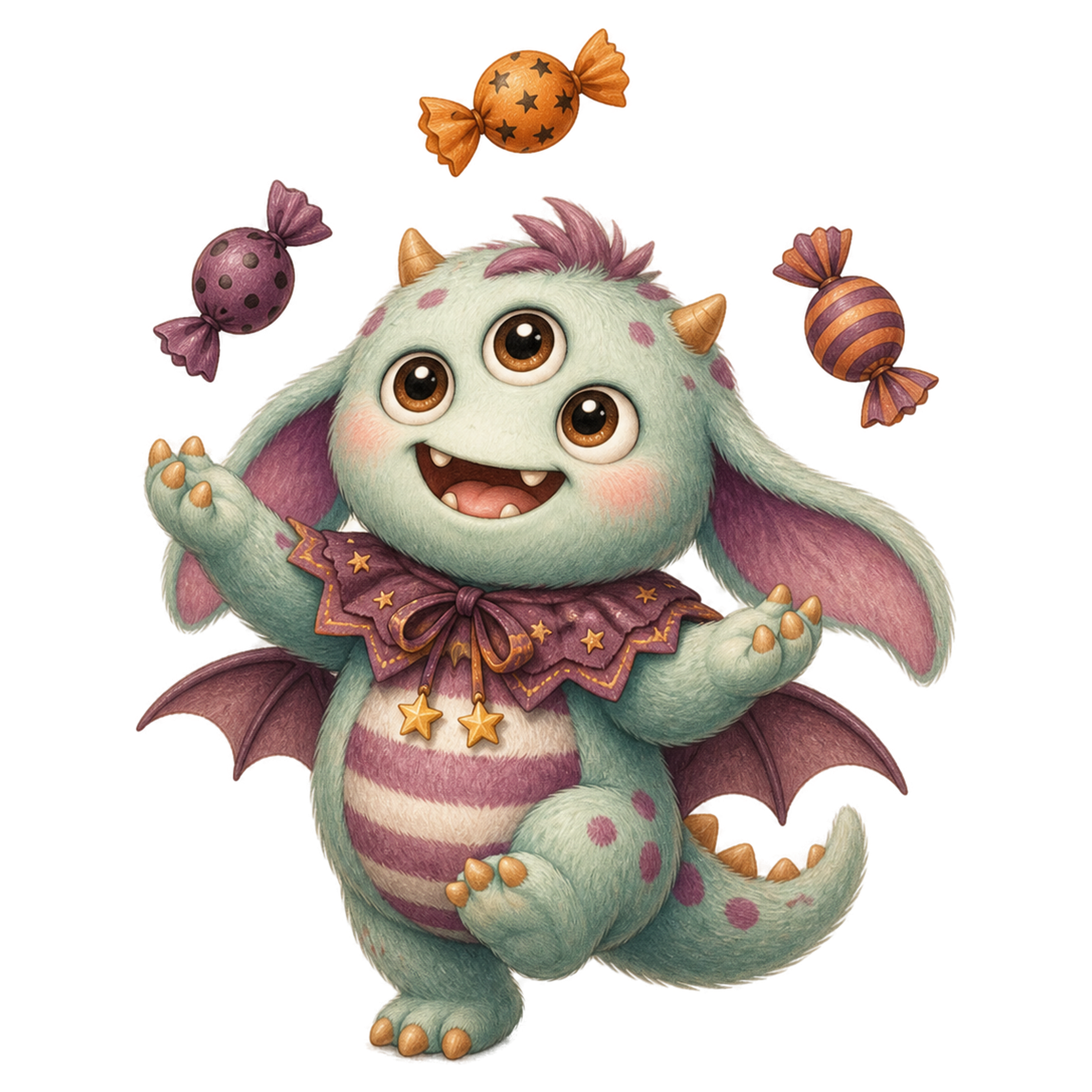 お菓子で遊ぶ三つ目モンスター｜ハロウィン無料イラスト素材95448に写真・文字を入れる