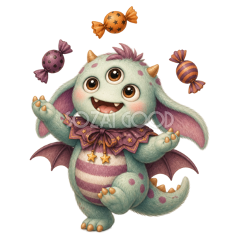 お菓子で遊ぶ三つ目モンスター｜ハロウィン無料イラスト素材95448