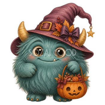 青緑色の毛むくじゃらモンスター｜ハロウィン無料イラスト素材95454