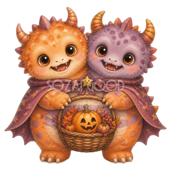仲良し二つ頭モンスター｜ハロウィン無料イラスト素材95458