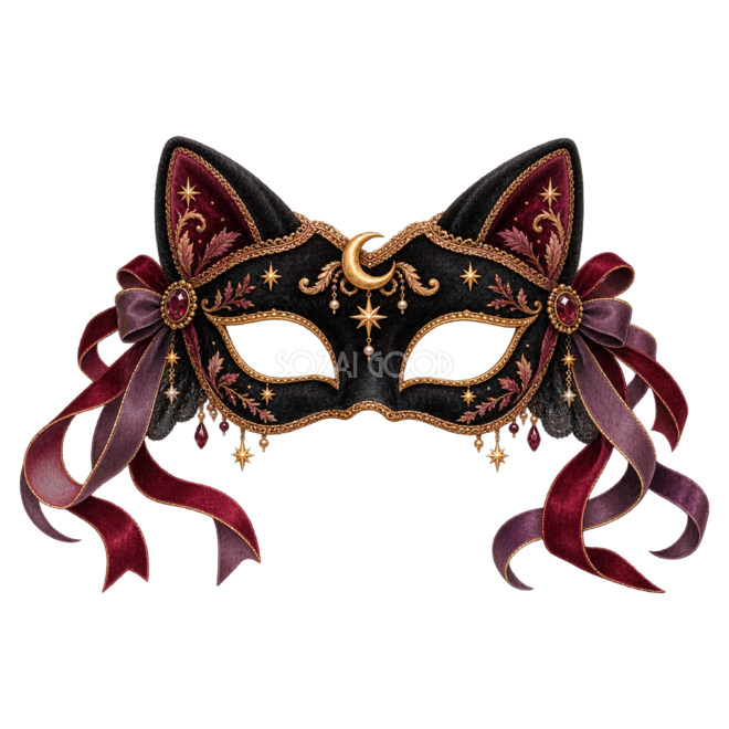 黒猫の仮面のハロウィンイラスト｜猫耳の無料素材95497