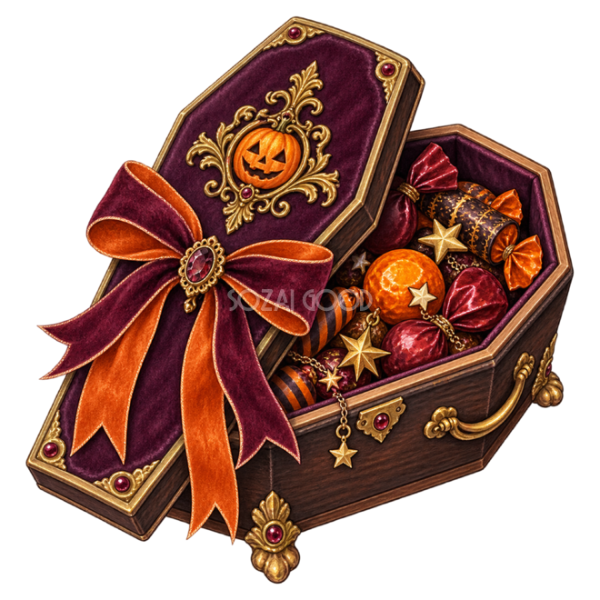 棺型小物箱のハロウィンイラスト|お菓子入り無料素材95501