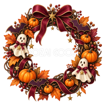 かぼちゃとおばけのハロウィンリースイラスト｜無料素材95502