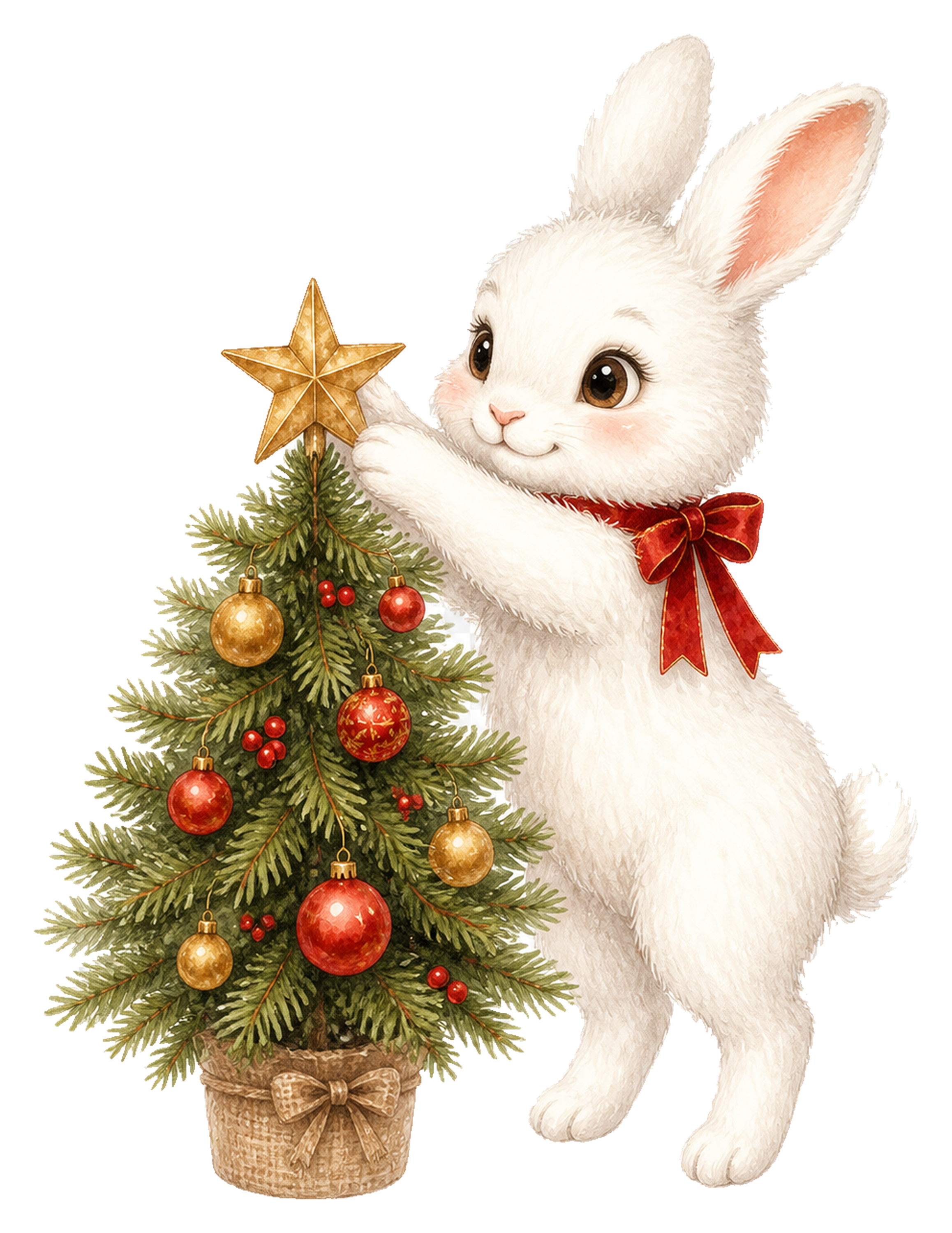 ツリーを飾る白うさぎのクリスマスイラスト｜無料素材95506に写真・文字を入れる