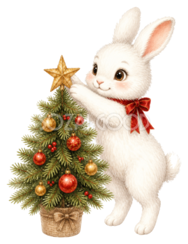 ツリーを飾る白うさぎのクリスマスイラスト｜無料素材95506