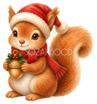 サンタ帽のリスとオーナメントのクリスマスイラスト｜無料素材95508