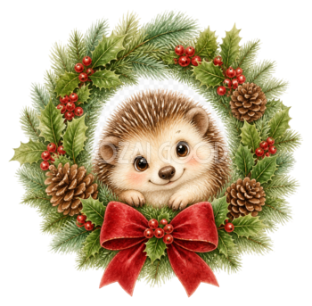 クリスマスリースとハリネズミのかわいいイラスト｜無料素材95509