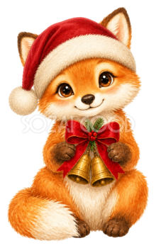 ベルを持つサンタ帽の子狐クリスマスイラスト｜無料素材95510