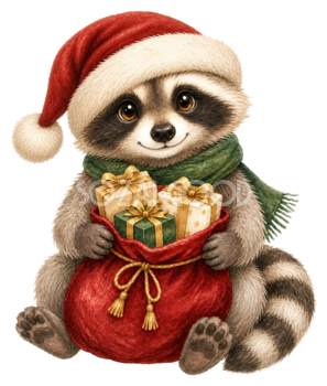 プレゼント袋を持つアライグマのクリスマスイラスト｜無料素材95512