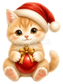 サンタ帽の子猫と赤い飾りのクリスマスイラスト｜無料素材95513