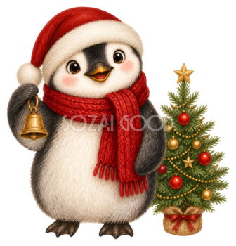 ツリーとサンタ帽のペンギンクリスマスイラスト｜無料素材95515