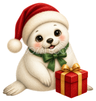 プレゼントとサンタ帽のアザラシクリスマスイラスト｜無料素材95518