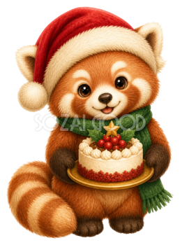クリスマスケーキを運ぶレッサーパンダのイラスト｜無料素材95519