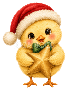 金色の星を抱くひよこのクリスマスイラスト｜無料素材95521