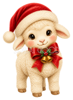 赤いリボンとベルの子羊クリスマスイラスト｜無料素材95522