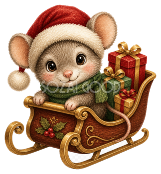 プレゼントを運ぶそりのネズミクリスマスイラスト｜無料素材95523