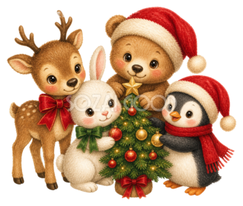 ツリーを囲む動物たちのクリスマスイラスト｜無料素材95524