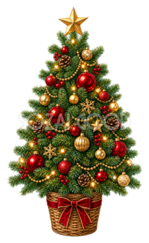 赤と金の飾りが華やかなクリスマスツリーイラスト｜無料素材95526