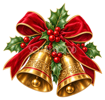 赤いリボンと金色のクリスマスベルイラスト｜無料素材95529