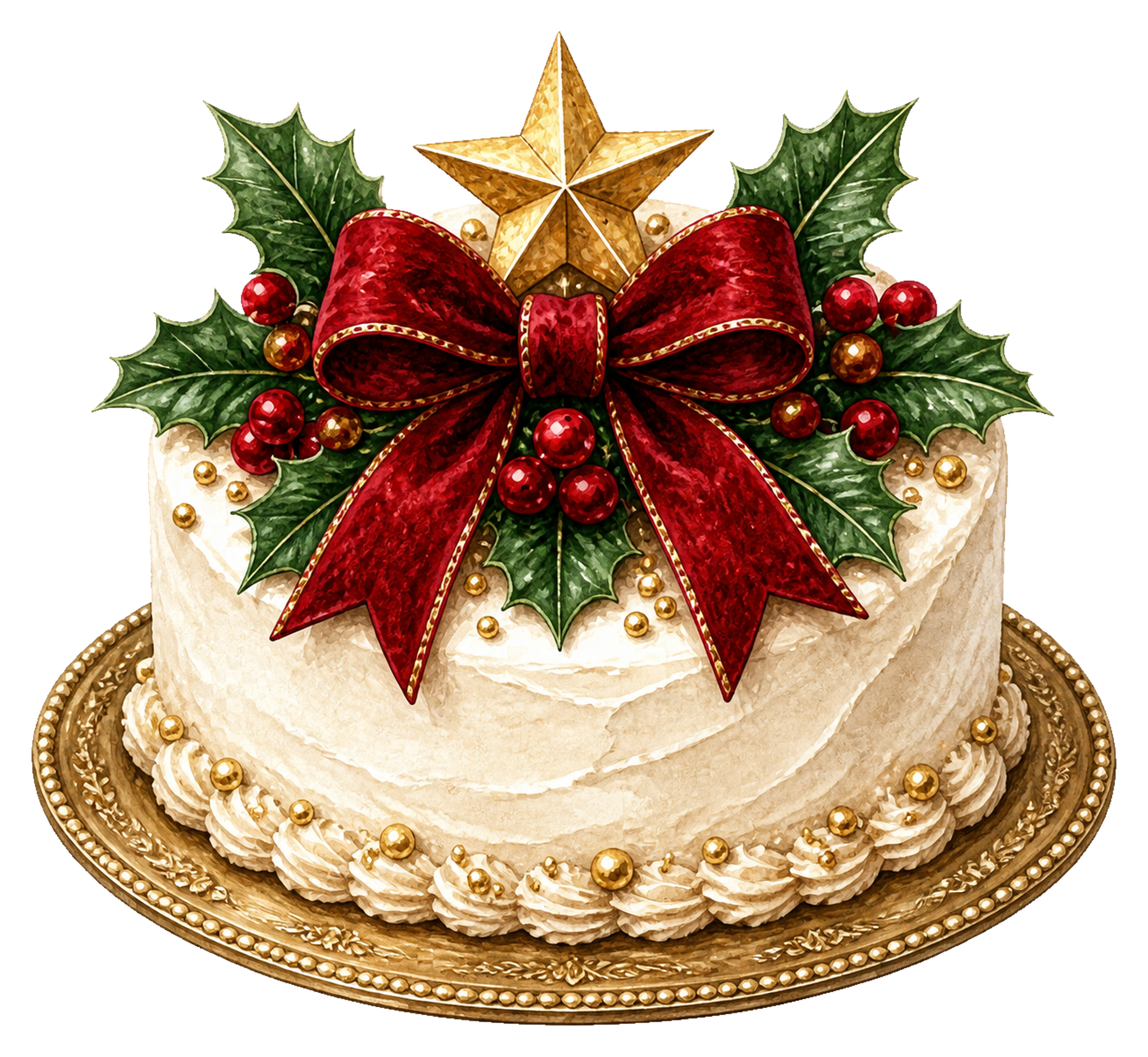赤いリボンとヒイラギのクリスマスケーキイラスト｜無料素材95542に写真・文字を入れる