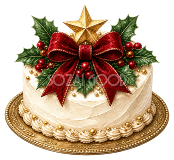 赤いリボンとヒイラギのクリスマスケーキイラスト｜無料素材95542
