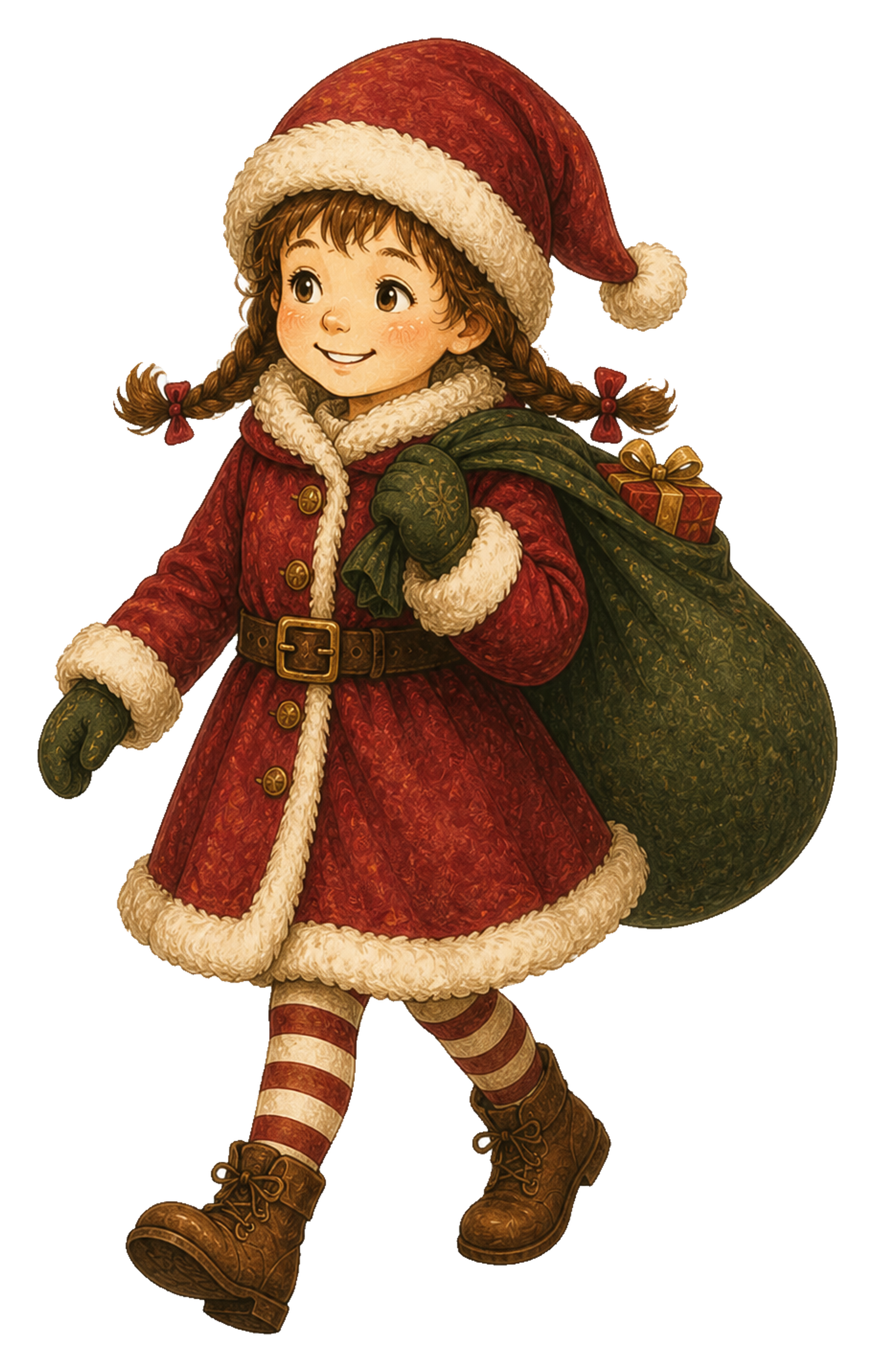 プレゼント袋を運ぶサンタ姿の女の子のクリスマスイラスト｜無料素材95547に写真・文字を入れる