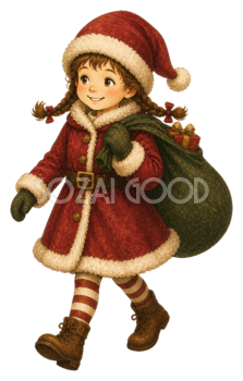 プレゼント袋を運ぶサンタ姿の女の子のクリスマスイラスト｜無料素材95547